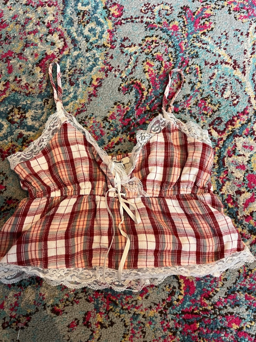 American Eagle Outfitters Red and White Plaid Lace Trim Tank Top